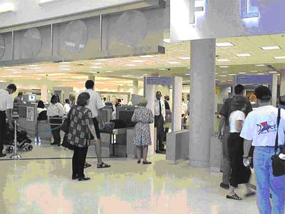 Passengers being screened at a security checkpoint