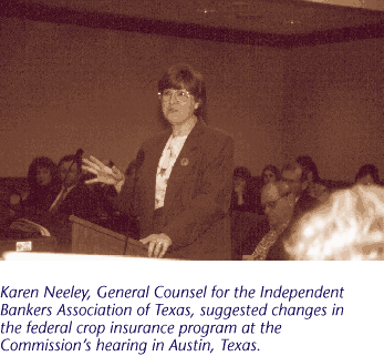 Karen Neeley, General Counsel for the Independent Bankers Association of Texas, suggested changes in the federal crop insurance program at the Commissions hearing in Austin, Texas. 